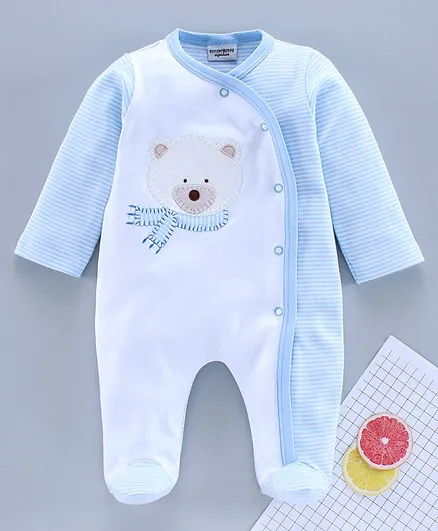 Wonderchild Full Sleeves Bear Patch Romper - Sky Blue