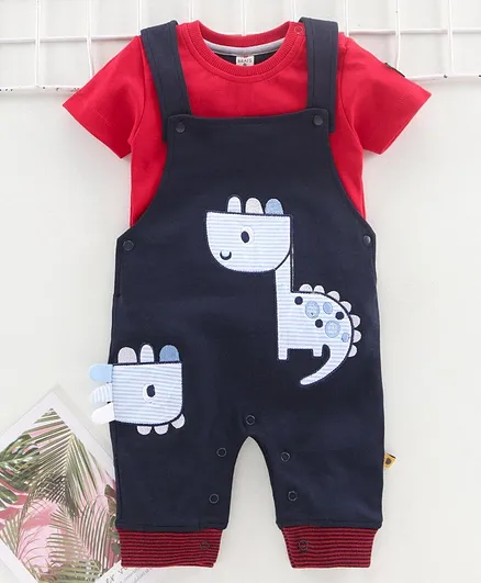 Brats & Dolls Half Sleeves Tee with Romper Dino Patch - Blue Red