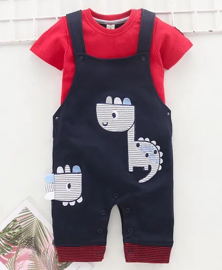 Brats & Dolls Half Sleeves Tee with Romper Dino Patch - Blue Red