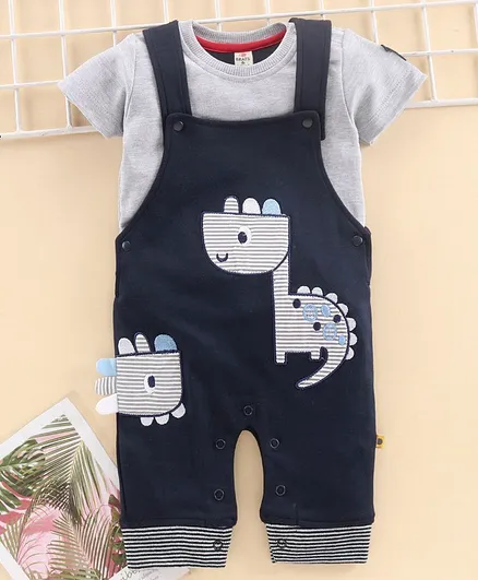 Brats & Dolls Half Sleeves Tee with Romper Dino Patch - Navy