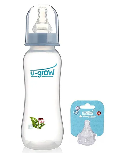 U-Grow Standard Neck Baby Anti Colic Feeding Bottle With Extra Two Medium Teats - 250ml - BLUE