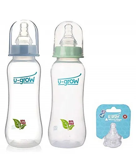 U-Grow Standard Neck Baby Anti Colic Feeding Bottle Pack of 2 With Extra Two Medium Teats - 250ml - Blue & Green