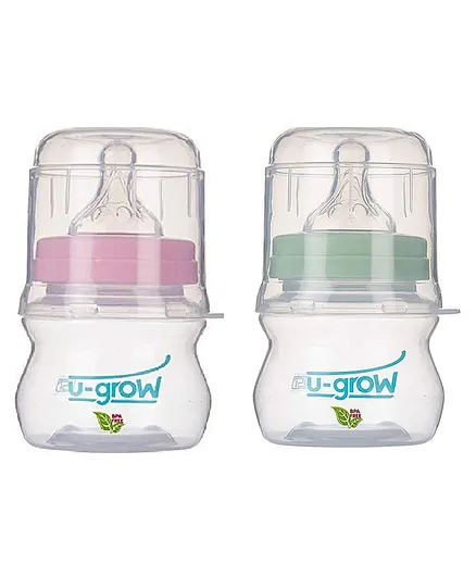 U-grow Self Sterilizing Anti Colic Wide Neck Feeding Bottle Pack of 2 - 120 ml - Pink & Green