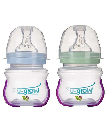 U-grow Heat Sensitive Anti Colic Wide Neck Feeding Bottle Pack of 2 - 120 ml - Blue & Green
