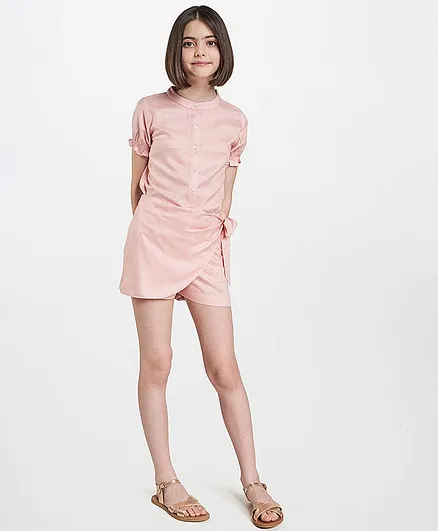 AND Girl Short Puffed Sleeves Button Down Top With Overlap Style Knotted Bow Shorts - Pink