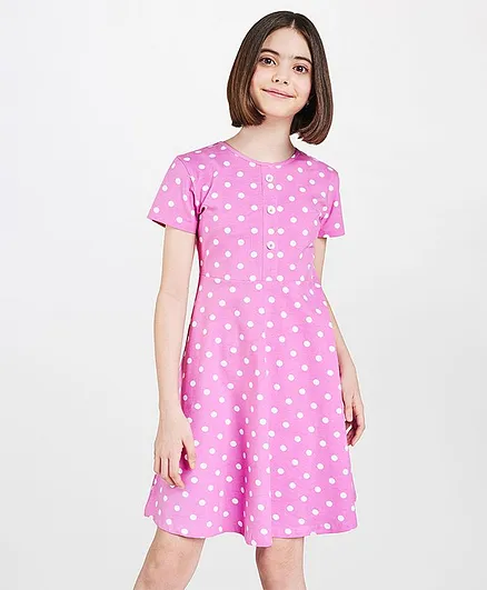 AND Girl Short Sleeves Polka Dot Print Dress - Pink