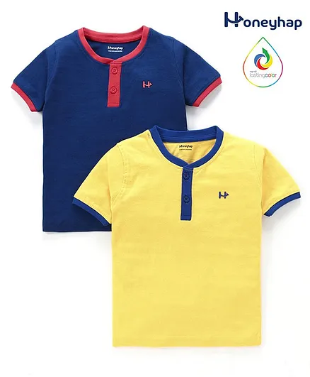 Honeyhap Half Sleeves 100% Cotton Henley Tee Pack of 2 - Yellow Blue