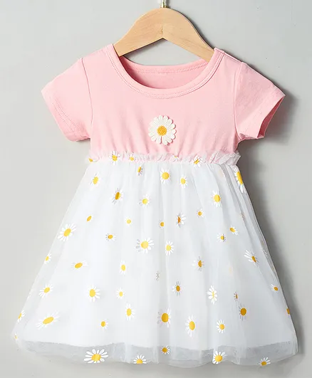 Kookie Kids Short Sleeves Frock Floral Print & Patch - White Pink