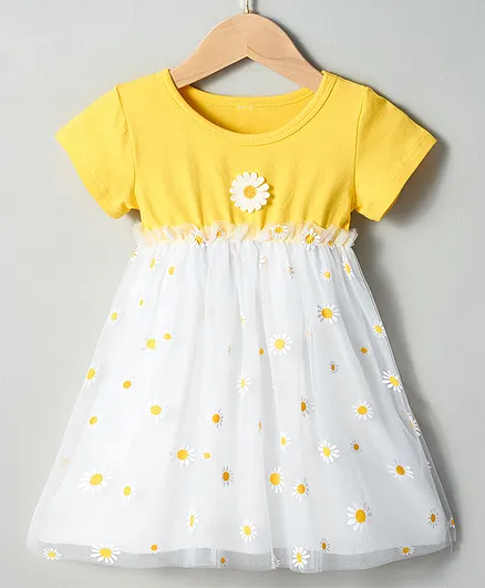 Kookie Kids Short Sleeves Frock Floral Print & Patch - White Yellow