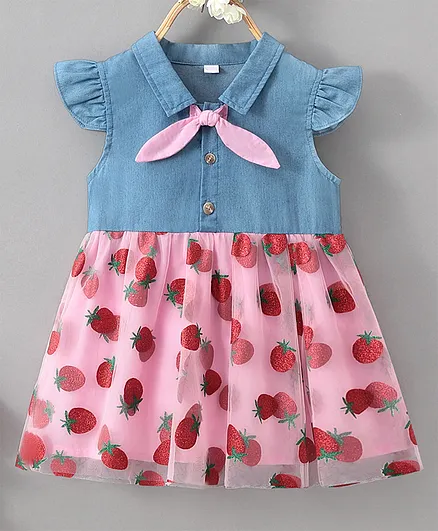Kookie Kids Flutter Sleeves Frock Strawberry Print - Pink Blue