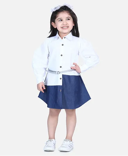 Lilpicks Couture Full Sleeves Colour Block Pattern Shirt Dress With Belt - White