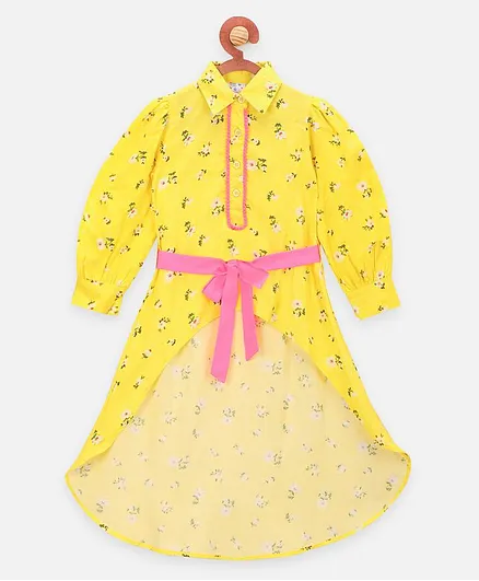 Lilpicks Couture Half Sleeves Flower Print Asymmetrical Top - Yellow