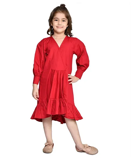 Lilpicks Couture Half Sleeves Solid Flared Asymmetrical Dress - Maroon