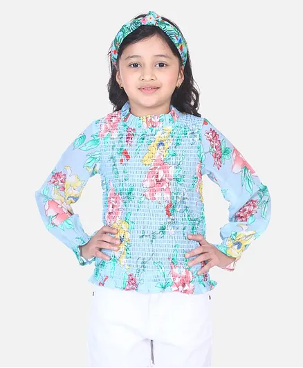 Lilpicks Couture Floral Print Full Sleeves Smocked Top - Blue