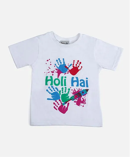 BownBee Half Sleeves Holi Hai Printed Tee - White