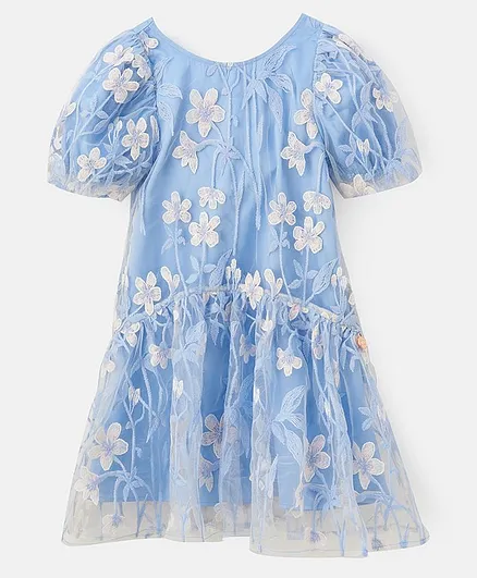 Angel & Rocket Half Sleeves Floral Embroidered Mesh Layered Dress - Blue