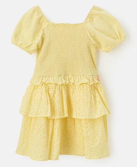 Angel & Rocket Puffed Half Sleeves Eyelet Embroidered Dress - Yellow