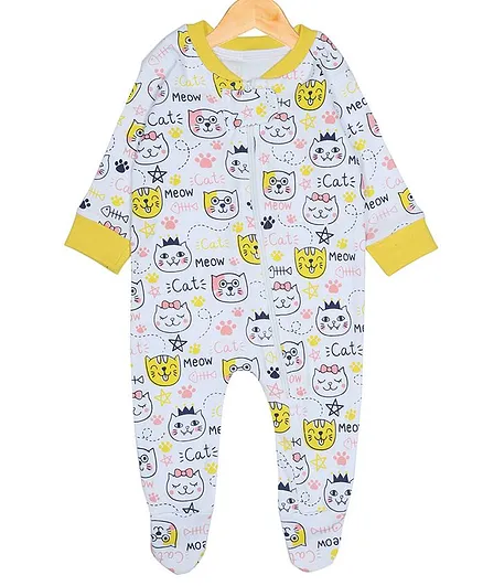 The Mom Store Full Sleeves Cats Print Footed Romper - Yellow & White