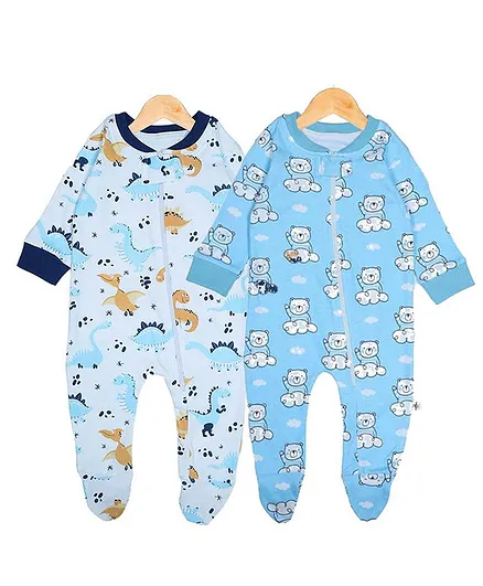 The Mom Store Pack Of 2 Full Sleeves Bear & Dinosaur Print Footed Rompers - Blue