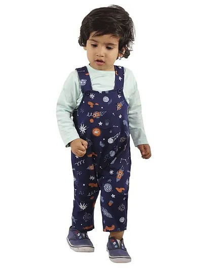 The Mom Store Full Sleeves Tee With Space Print Dungaree Style Romper - Dark Blue