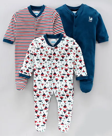 BUMZEE Pack Of 3 Striped & Boat Print Sleep Suits - Navy Blue