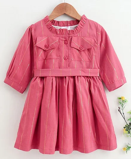 Rassha Full Sleeves Stripe Design Front Pocketed Dress - Peach
