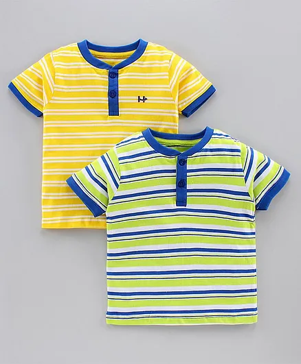 Honeyhap Half Sleeves Striped Cotton Tee Pack of 2 - Green Yellow