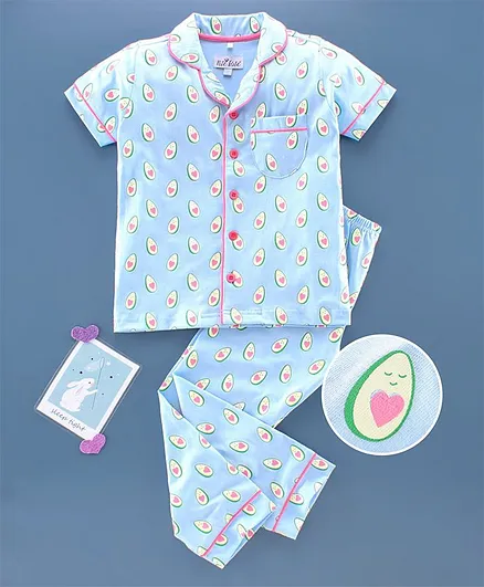Nite Flite Half Sleeves Avocado Print Night Suit - Mint Blue