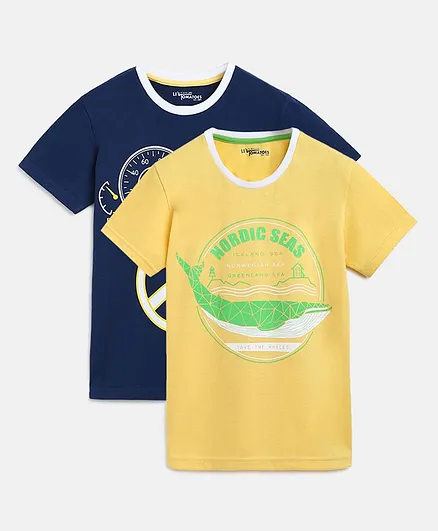 Li'L tomatoes Combo Of 2 Half Sleeves Iceland Sea Print T-Shirt With A Surprise Gift Pen - Blue Yellow