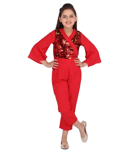 Cutecumber Full Sleeves Sequined Detailing Jumpsuit - Red