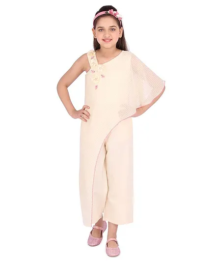 Cutecumber Sleeveless Georgette Flower Embellished Jumpsuit - Cream