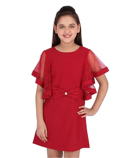 Cutecumber Solid Colour Half Sleeves Dress - Maroon