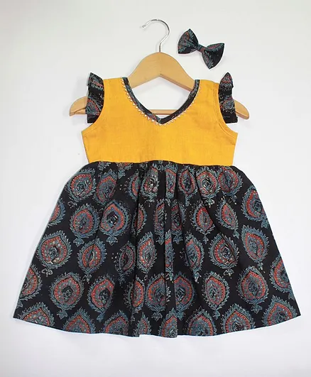 Many frocks & Ajrak Print Sleeveless Dress - Yellow