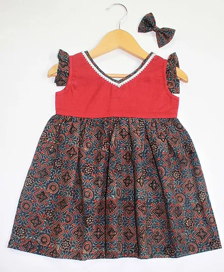 Many frocks & Ajrak Printed Sleeveless Dress - Maroon