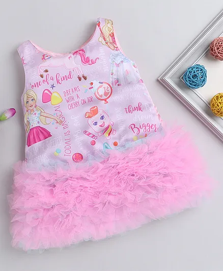 Barbie by Many Frocks & Sleeveless Barbie & Unicorn Print Tulle Flare Hem Dress With Hair Clip - Pink