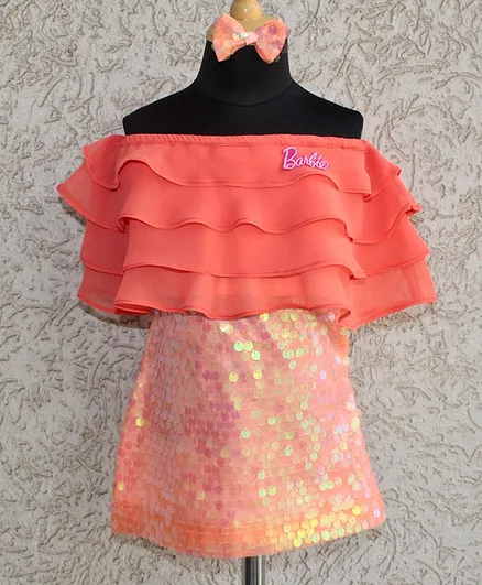 Barbie by Many Frocks & Sleeveless Off Shoulder Layered Sequined Dress With Hair Clip - Peach