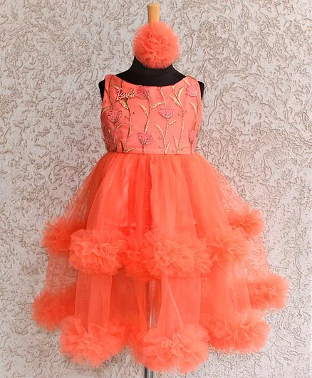 Barbie by Many Frocks & Sleeveless Flower Embroidered Gown With Hair Clip - Peach