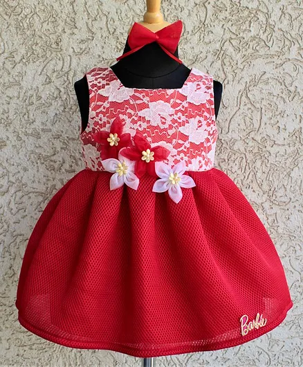 Barbie by Many Frocks & Sleeveless Floral Lace Yoke Dress With Hair Clip - Red