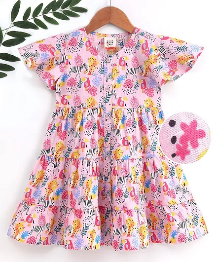 Ed-a-Mamma Jungle Print Tiered Dress Short Sleeves Dress - Pink