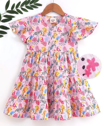 Ed-a-Mamma Jungle Print Tiered Dress Short Sleeves Dress - Pink