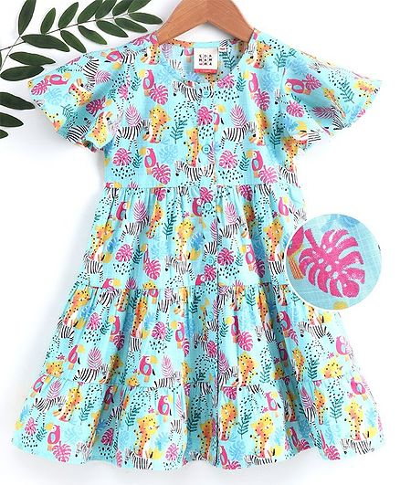 Ed-a-Mamma Jungle Print Tiered Dress Short Sleeves Dress - Blue