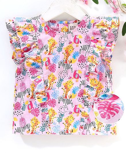 Ed-a-Mamma Short Sleeves Animals Print Ruffle Detailing Top - Pink
