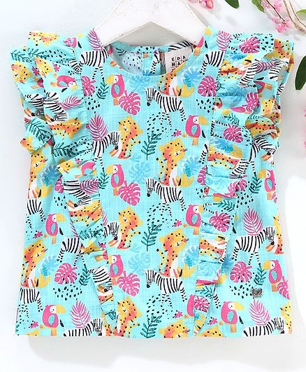 Ed-a-Mamma Short Sleeves Animals Print Ruffle Detailing Top - Blue