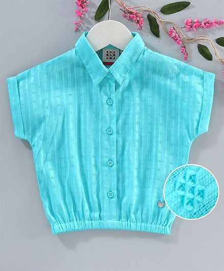 Ed-a-Mamma Short Sleeves Striped Dobby Top With Collar - Aqua Blue