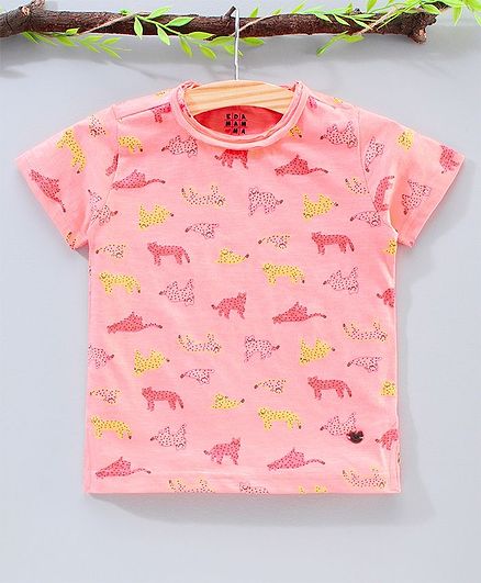 Ed-a-Mamma Half Sleeves All Over Animals Print Tee - Peach