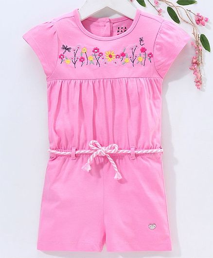 Ed-a-Mamma Short Sleeves Floral Embroidered Knit Jumpsuit - Pink