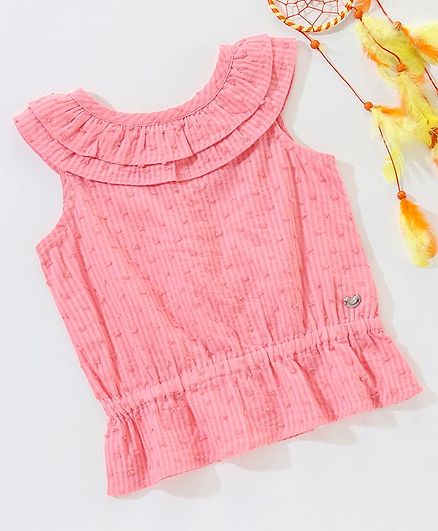 Ed-a-Mamma Solid Sleeveless Dobby Top With Ruffle Detail - Peach