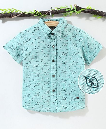 Ed-a-Mamma Half Sleeves Leaves Printed Shirt - Light Blue