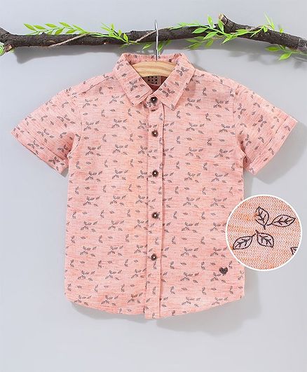 Ed-a-Mamma Half Sleeves Leaves Printed Shirt - Orange