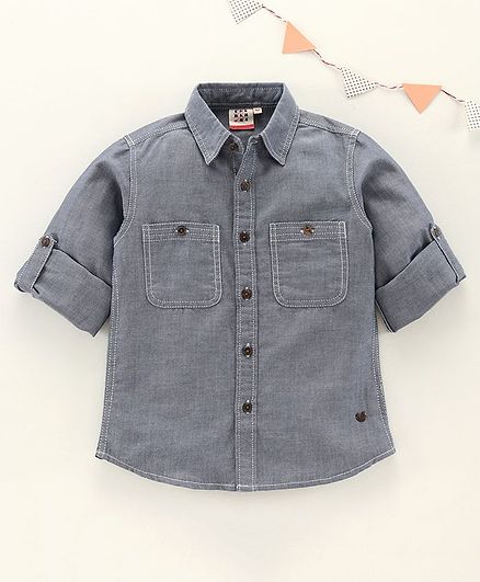 Ed-a-Mamma Roll Up Full Sleeves Solid Colour Shirt - Grey